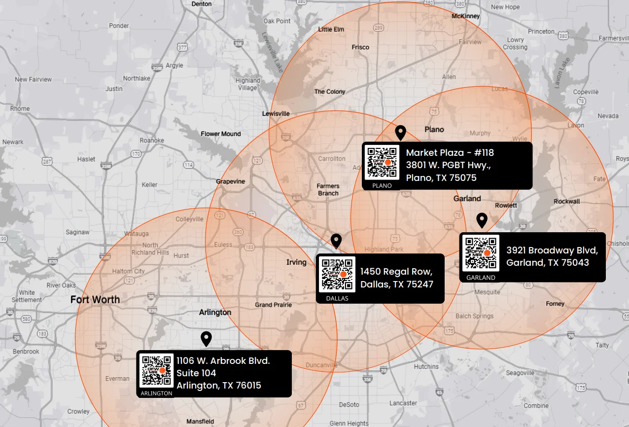 Map showing DFW MRI locations across Dallas-Fort Worth